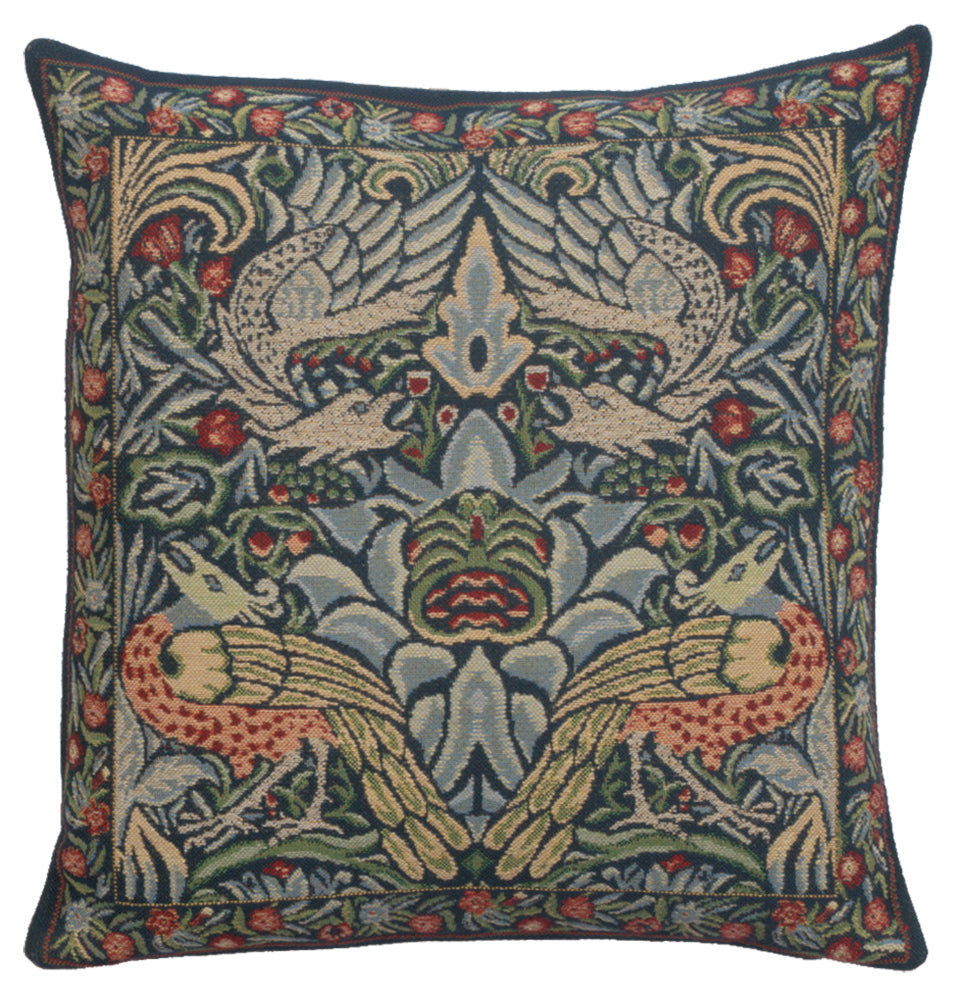 Peacock and Dragon Blue Belgian Cushion Cover
