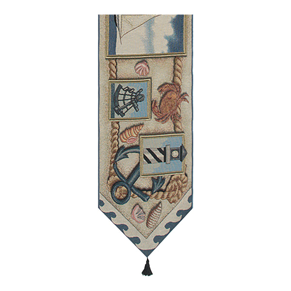Light House and Sea Shells Small Blue Tassel Tapestry Table Runner