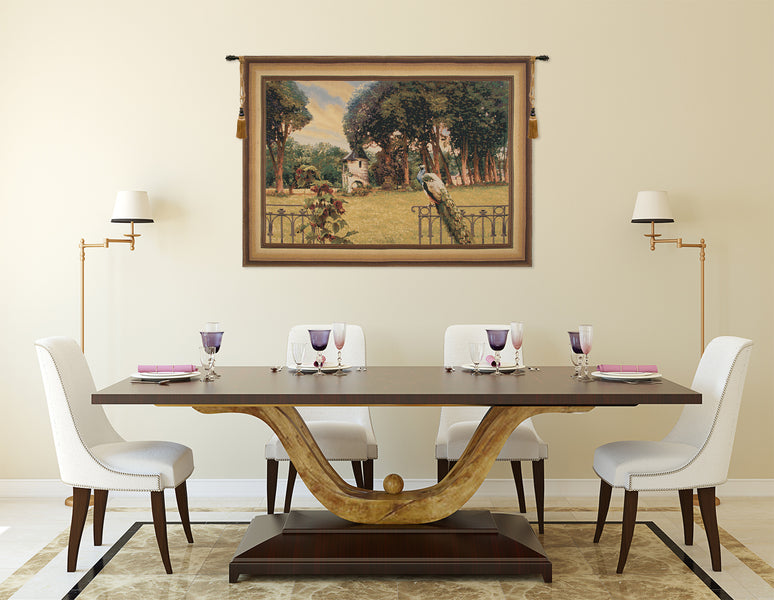 Peacock Manor with Frame Border Belgian Tapestry Wall Hanging