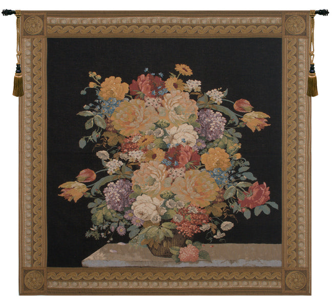 Elegant Floral  Masterpiece Black European Tapestry