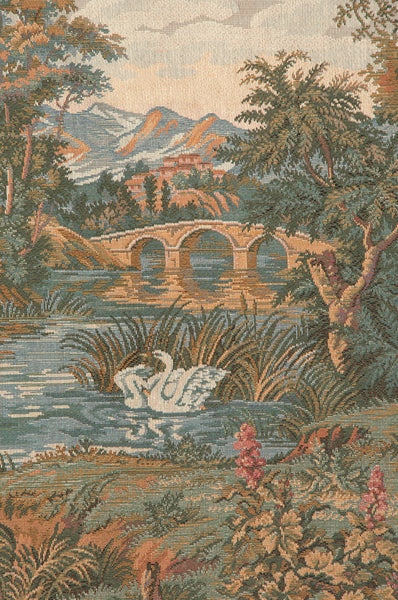 Swan in the Lake Medium with Old Border Italian Tapestry Wall Hanging