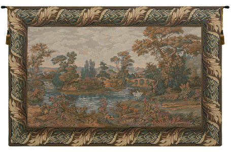 Swan in the Lake Medium with Old Border Italian Tapestry Wall Hanging