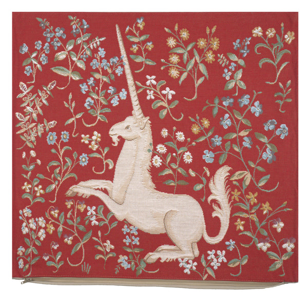 Licorne Fleuri Red French Tapestry Cushion
