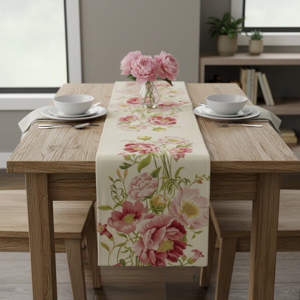 Peonies White French Tapestry Table Runner
