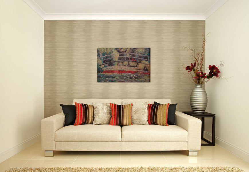 Bridge Over a Pond Of Lilies Stretched Wall Tapestry