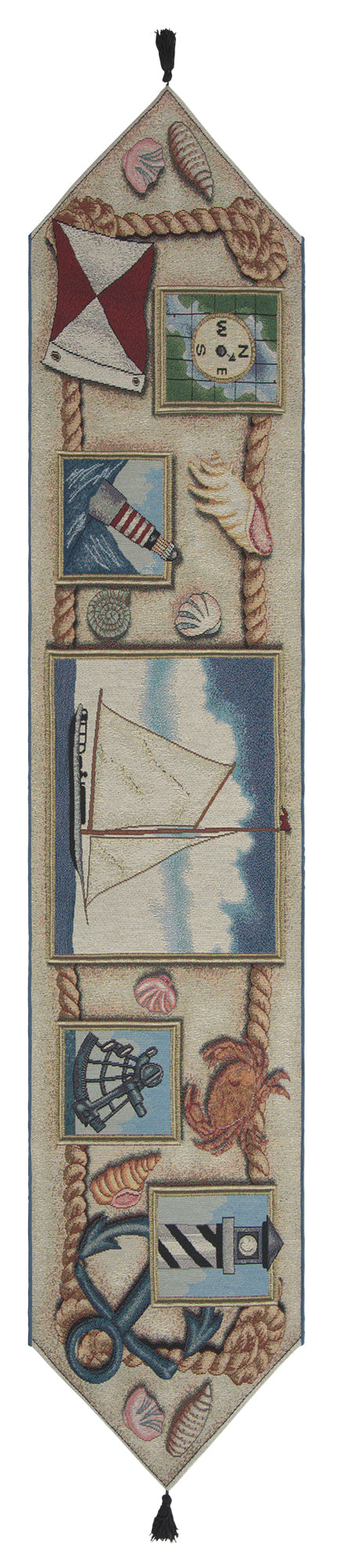 Nautical Scene III Black Tassels   Tapestry Table Runner