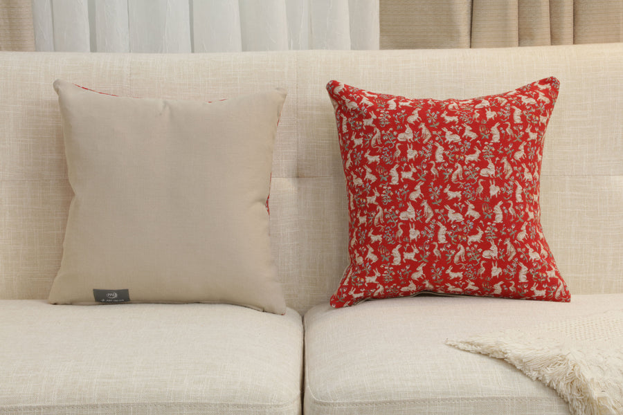 Mille Fleurs and Little Animals Red French Tapestry Cushion