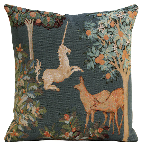 Unicorn and Does Forest Blue French Tapestry Cushion