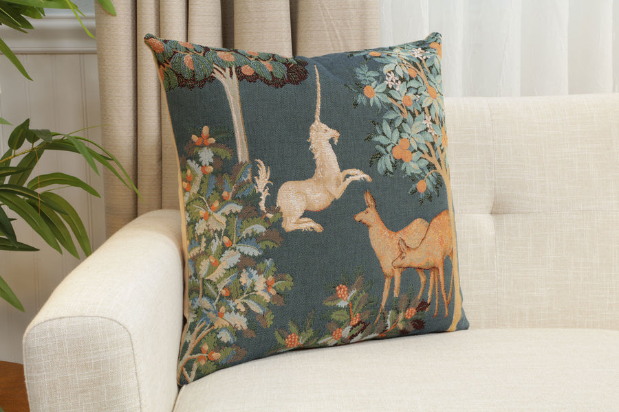Unicorn and Does Forest Blue French Tapestry Cushion