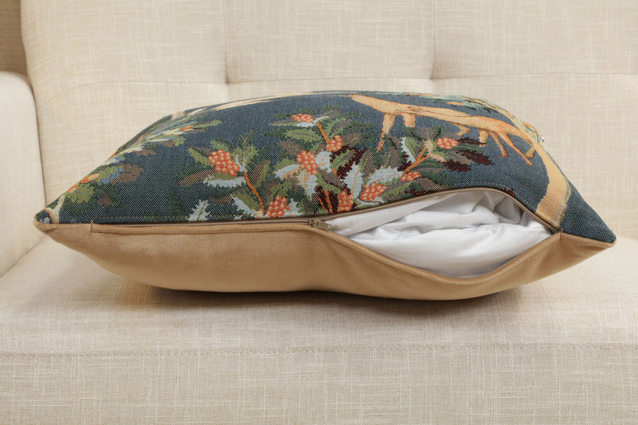 Unicorn and Does Forest Blue French Tapestry Cushion