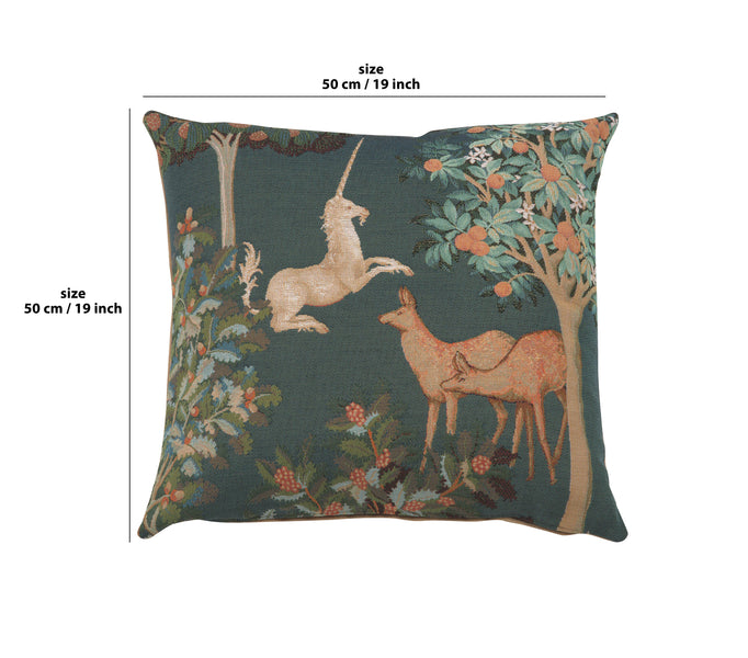 Unicorn and Does Forest Blue French Tapestry Cushion