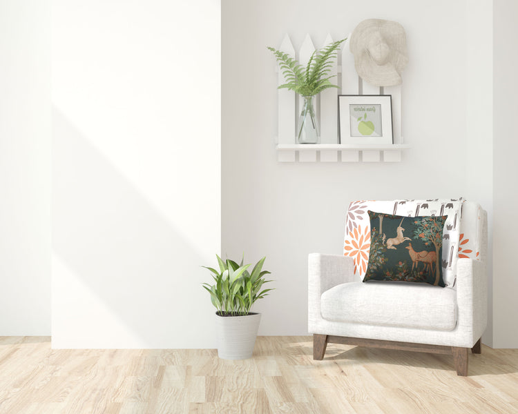 Unicorn and Does Forest Blue French Tapestry Cushion