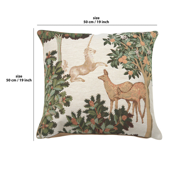 Unicorn and Does Forest White French Tapestry Cushion