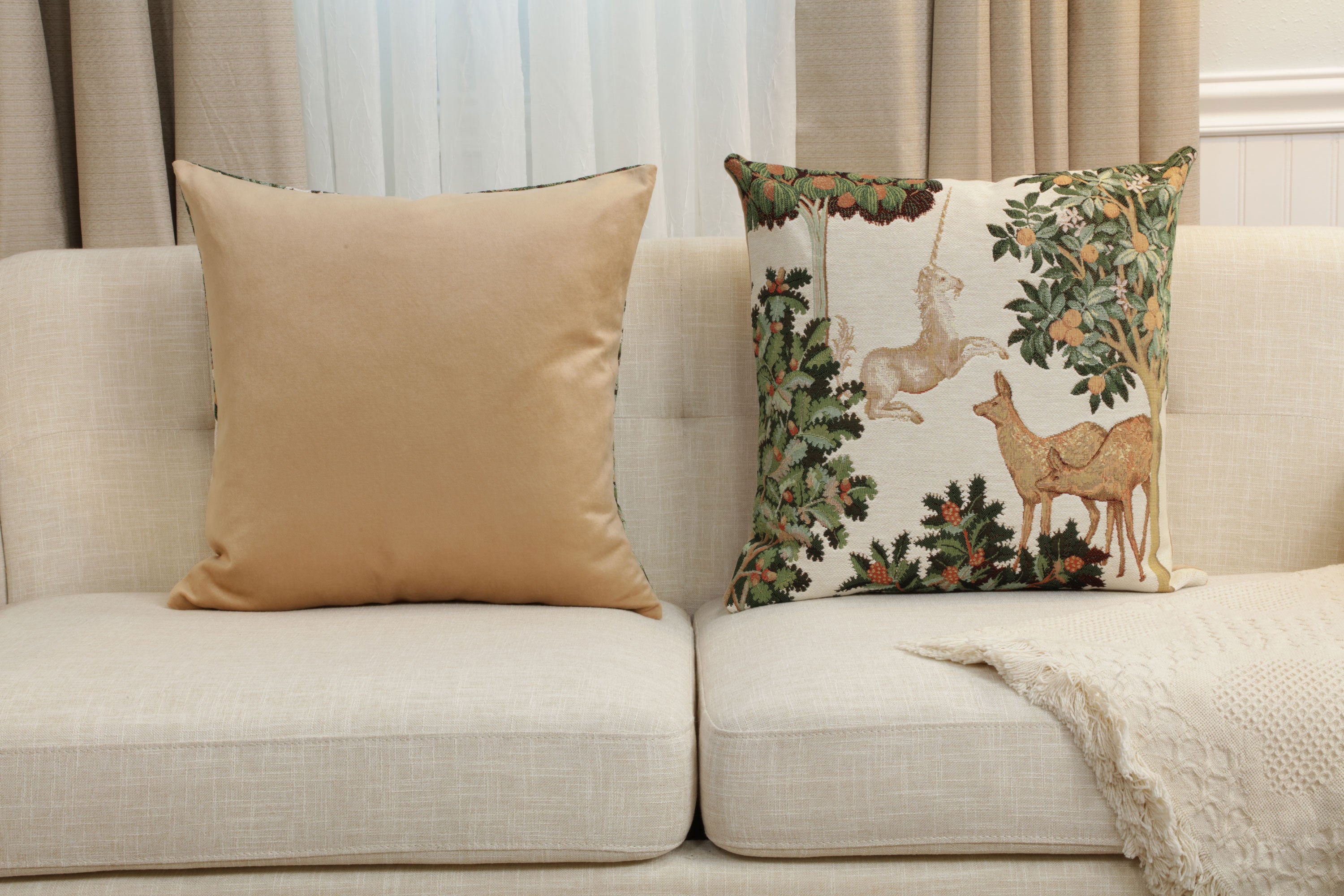 Unicorn and Does Forest White French Tapestry Cushion