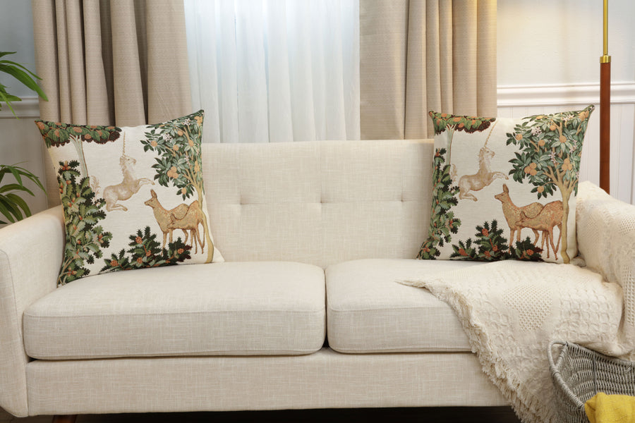 Unicorn and Does Forest White French Tapestry Cushion