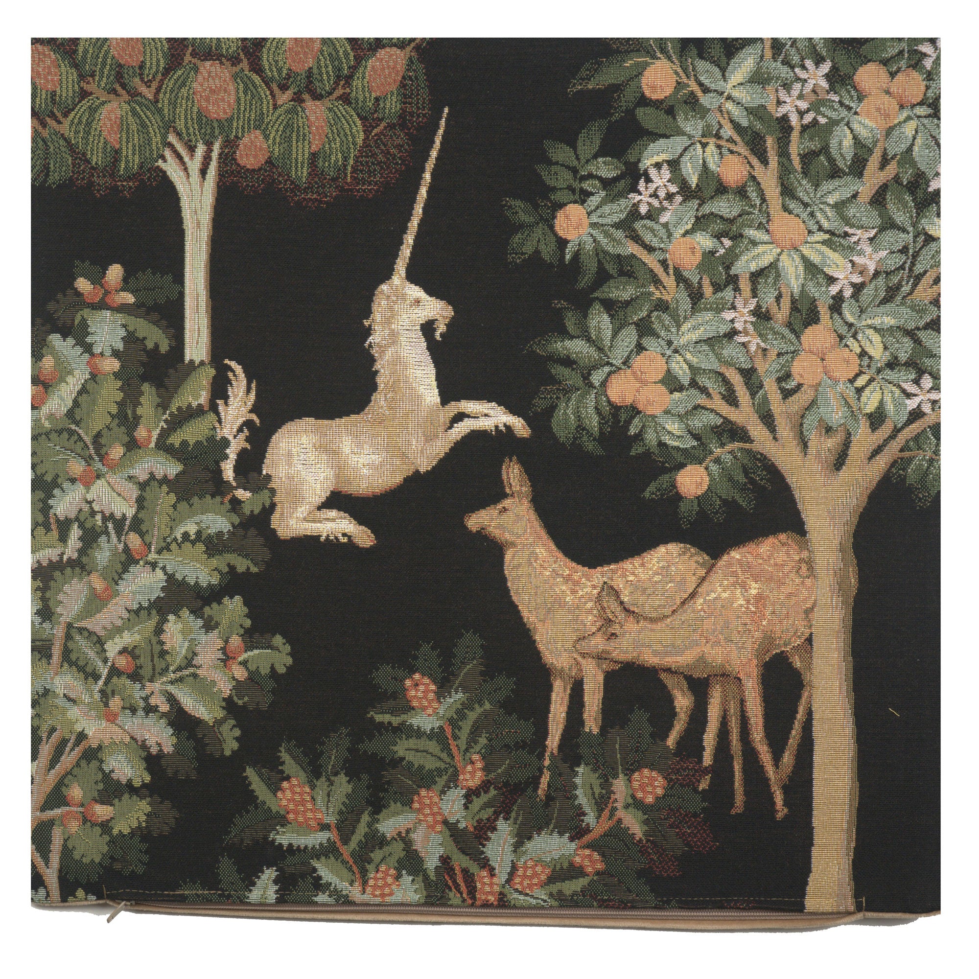 Unicorn and Does Forest Black French Tapestry Cushion