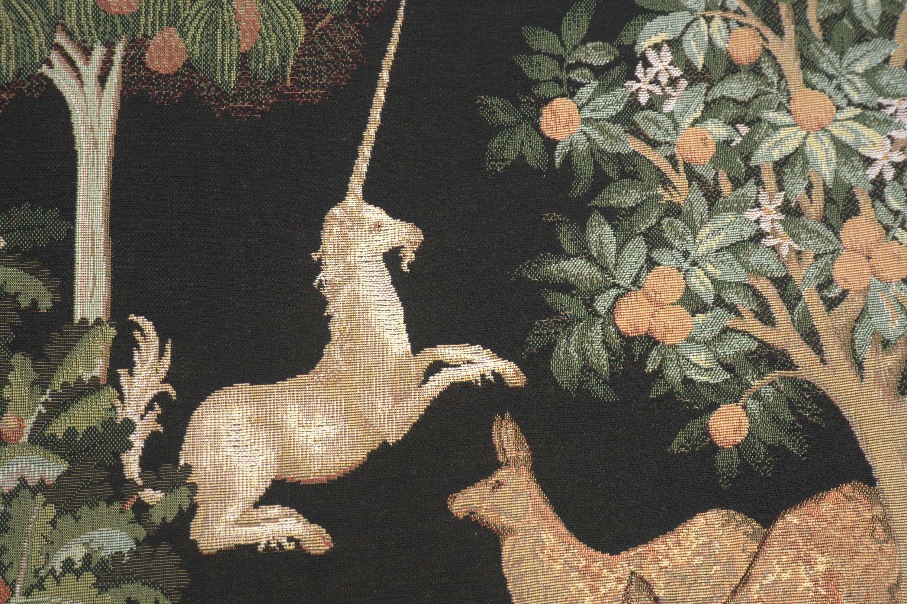 Unicorn and Does Forest Black French Tapestry Cushion