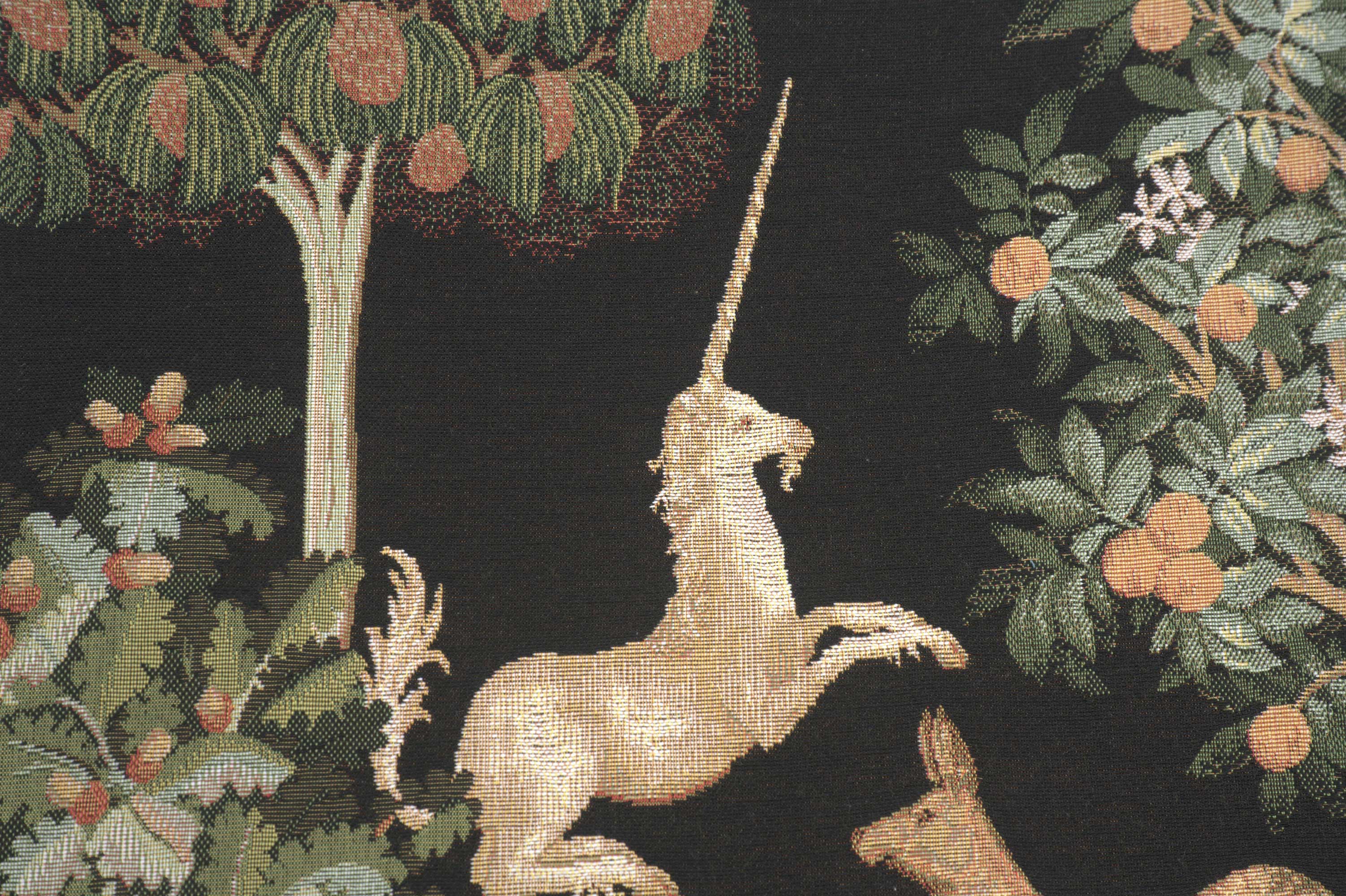 Unicorn and Does Forest Black French Tapestry Cushion