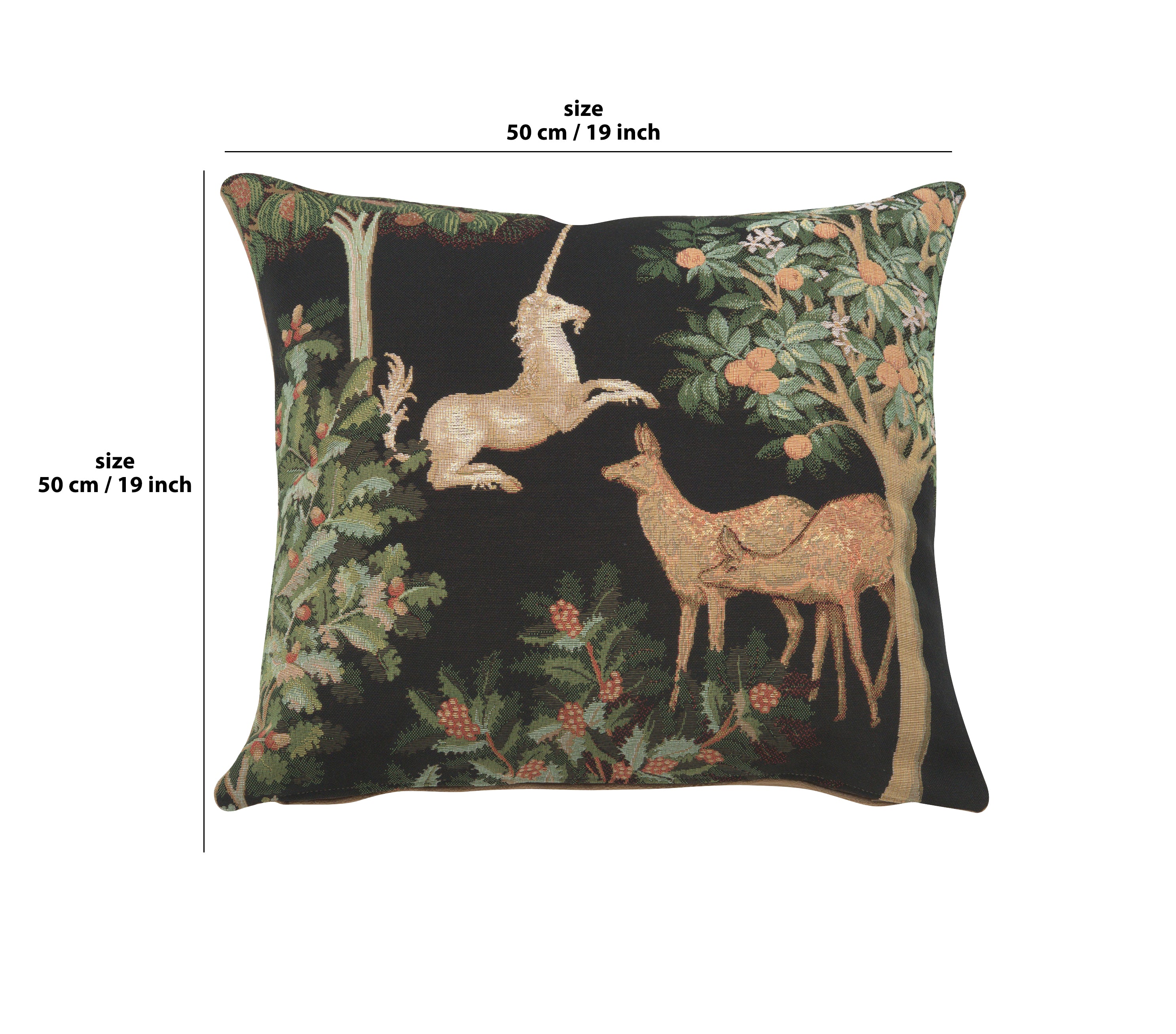 Unicorn and Does Forest Black French Tapestry Cushion