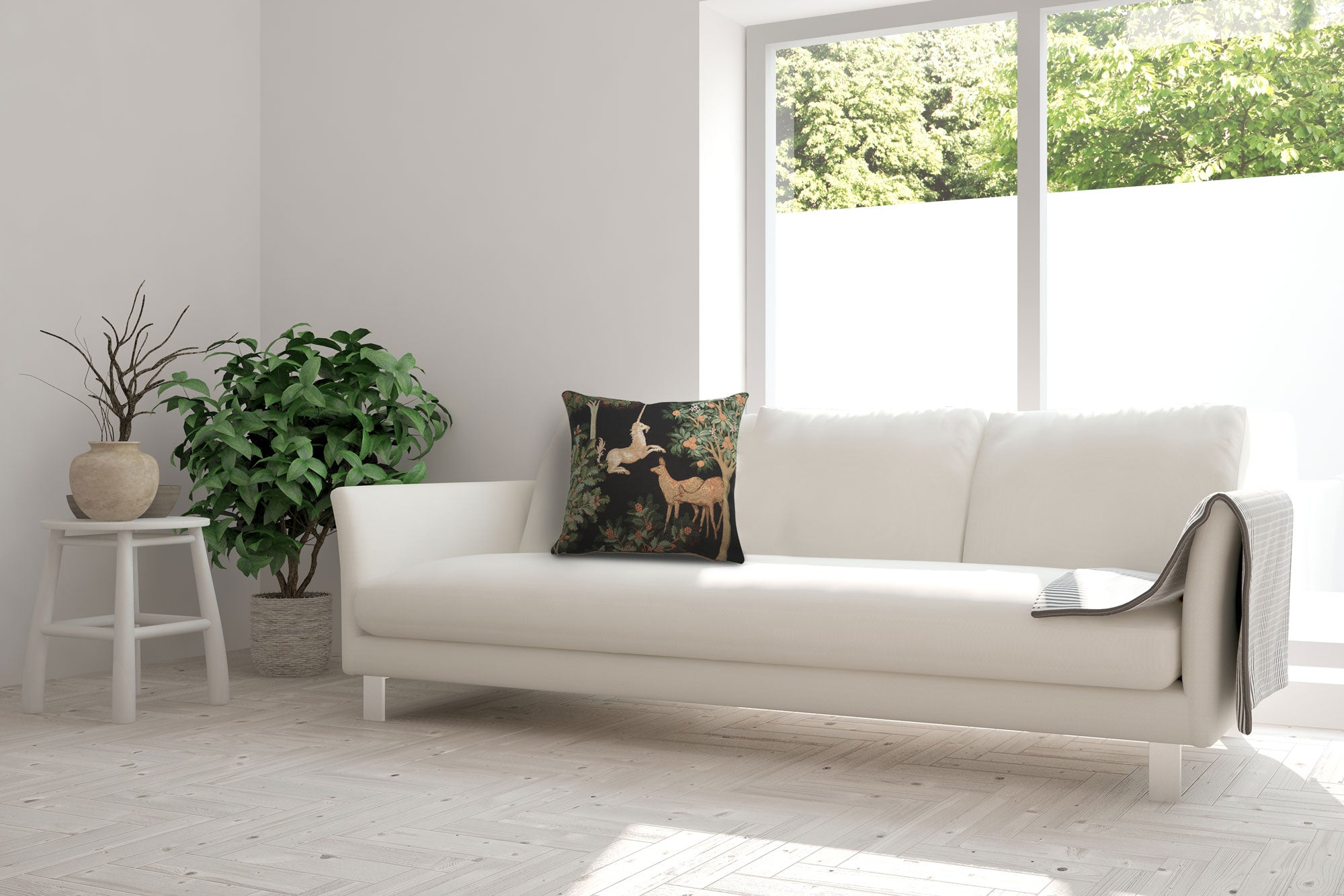 Unicorn and Does Forest Black French Tapestry Cushion