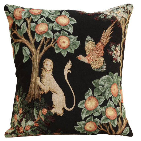 Lion and Pheasant Forest Black French Tapestry Cushion