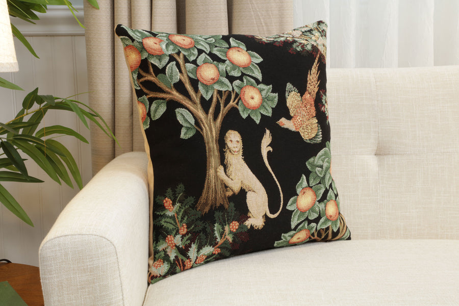 Lion and Pheasant Forest Black French Tapestry Cushion