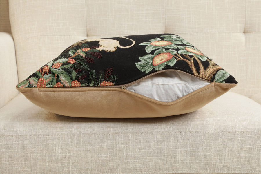 Lion and Pheasant Forest Black French Tapestry Cushion