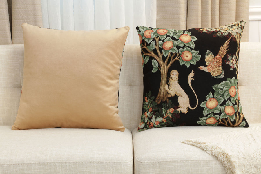 Lion and Pheasant Forest Black French Tapestry Cushion