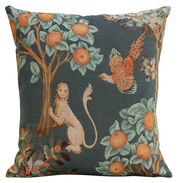 Lion and Pheasant Forest Blue French Tapestry Cushion