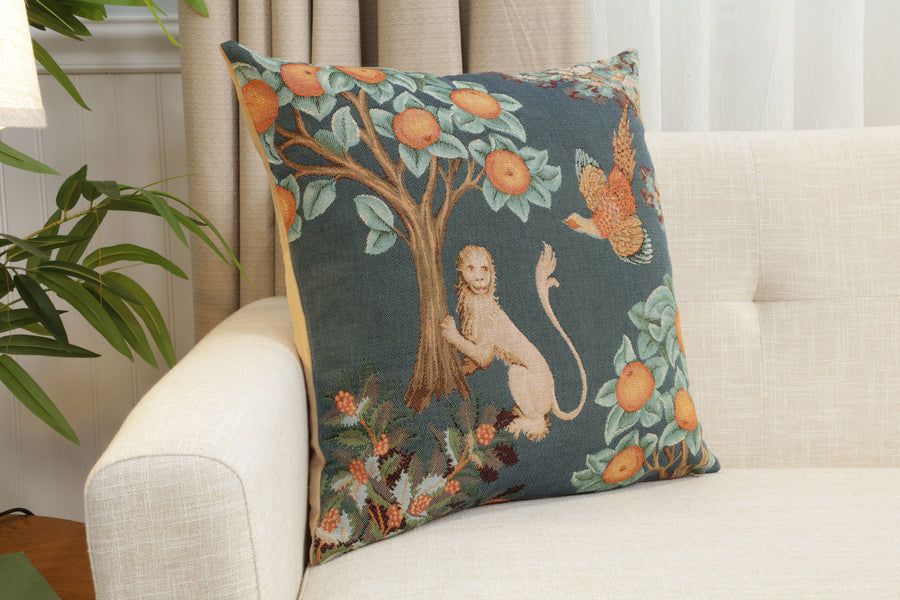 Lion and Pheasant Forest Blue French Tapestry Cushion