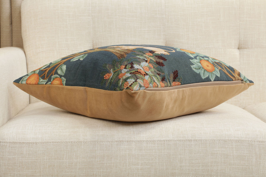 Lion and Pheasant Forest Blue French Tapestry Cushion