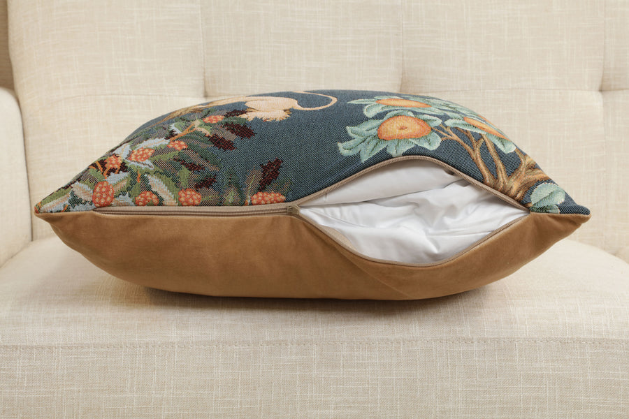 Lion and Pheasant Forest Blue French Tapestry Cushion