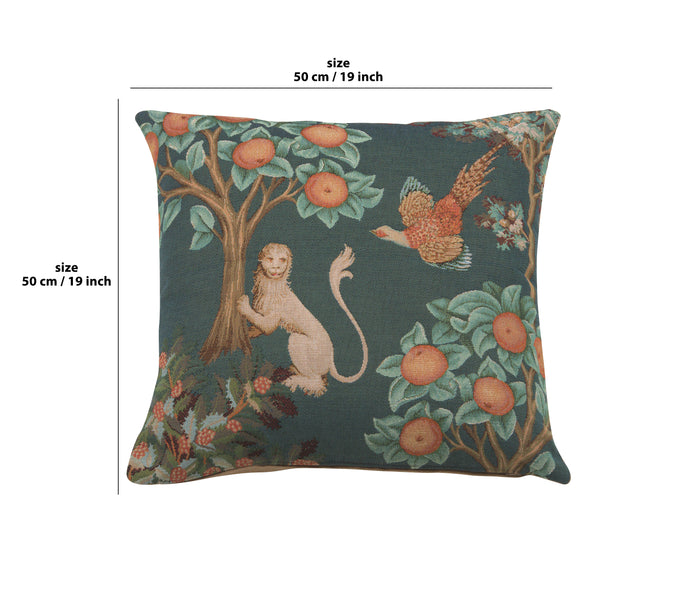 Lion and Pheasant Forest Blue French Tapestry Cushion