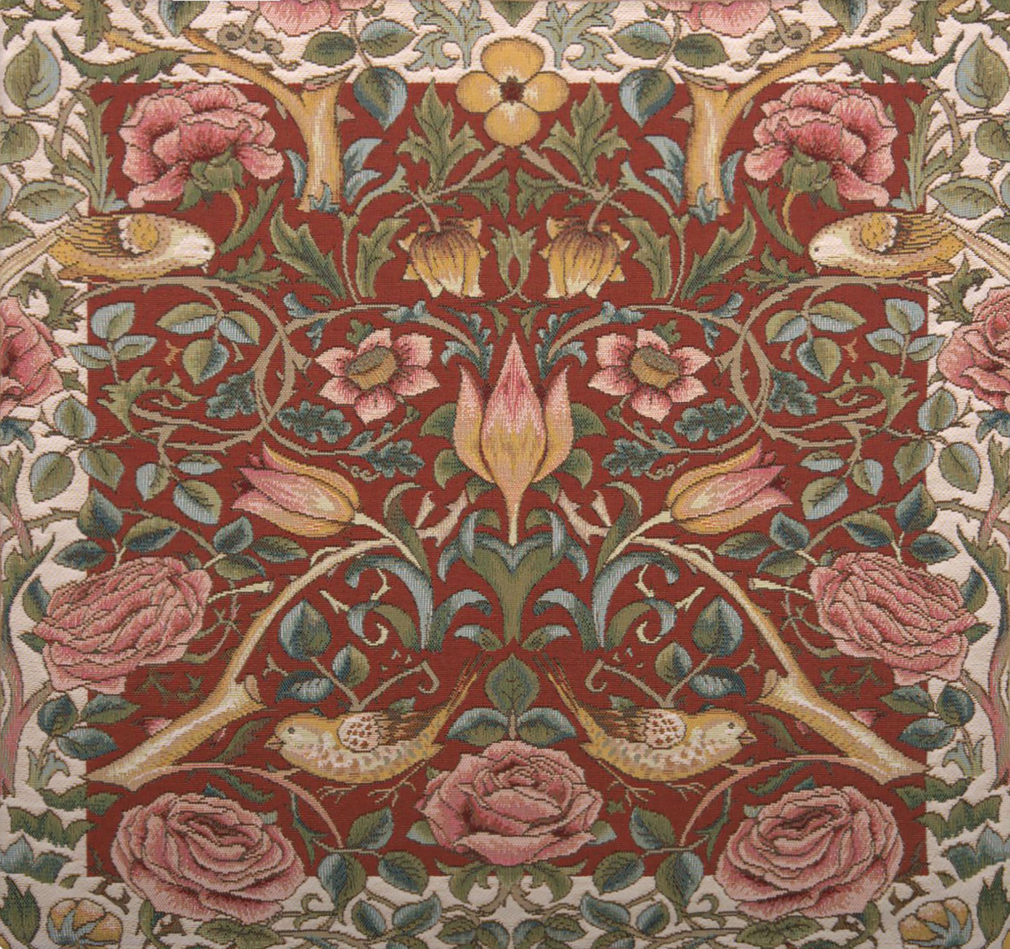 Roses and Birds Red French Tapestry Cushion