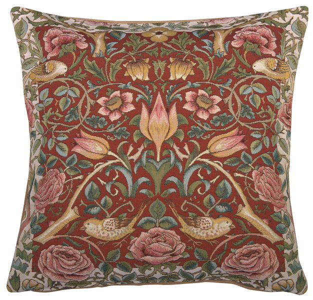 Roses and Birds Red French Tapestry Cushion