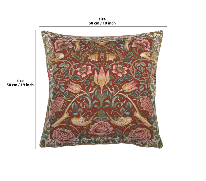 Roses and Birds Red French Tapestry Cushion