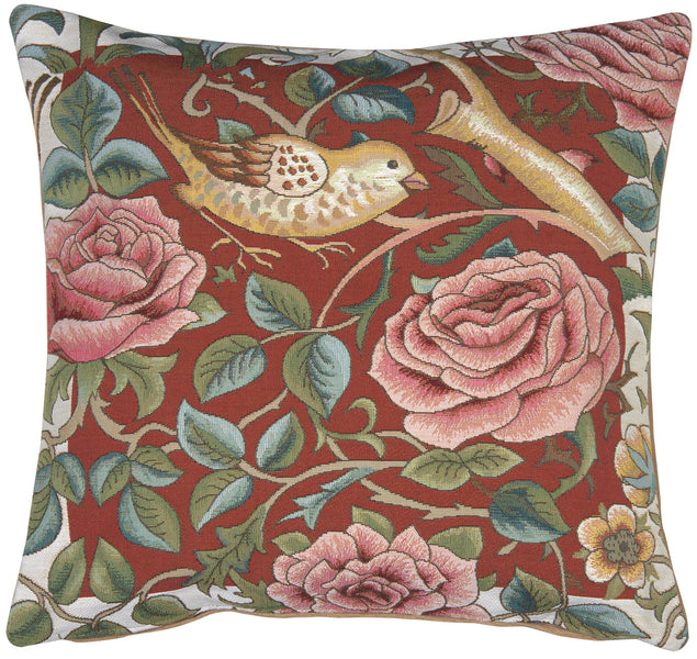 Zoom Bird and Roses Red French Tapestry Cushion