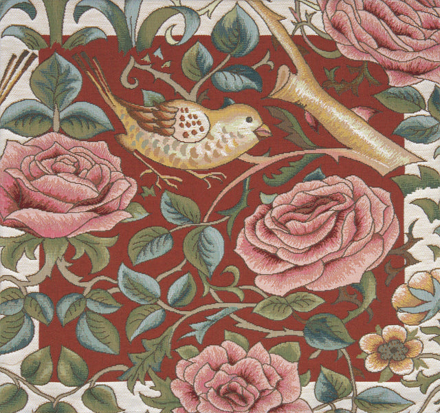 Zoom Bird and Roses Red French Tapestry Cushion
