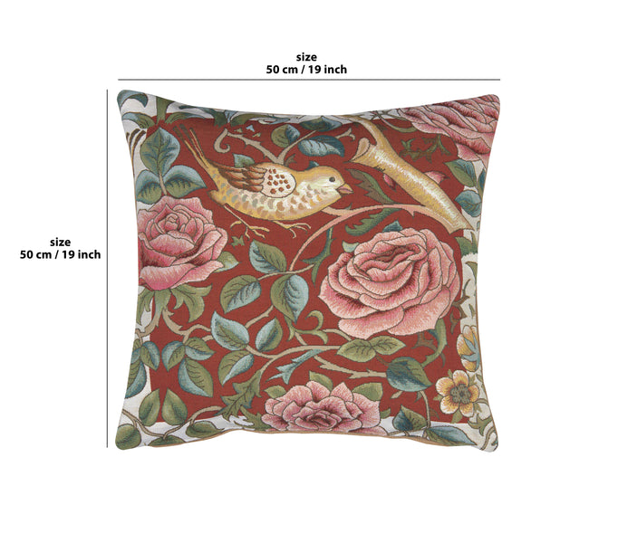 Zoom Bird and Roses Red French Tapestry Cushion