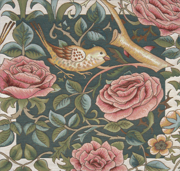 Zoom Bird and Roses Blue French Tapestry Cushion