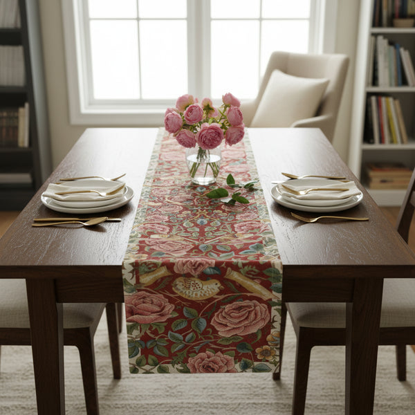 Roses and Birds II Red French Tapestry Table Runner