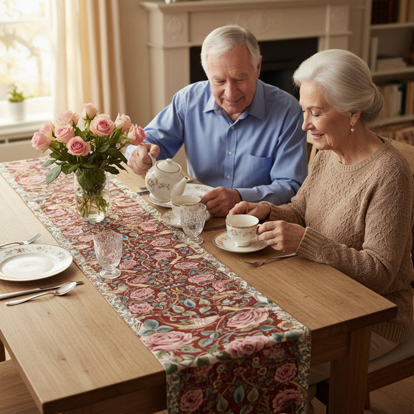 Roses and Birds II Red French Tapestry Table Runner