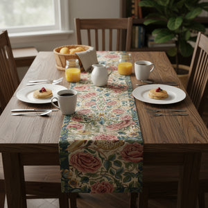 Roses and Birds II White French Tapestry Table Runner