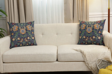 Birds and Flowers Dark Blue Cushion  Cover