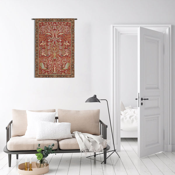 Tree and Birds in Red French Tapestry