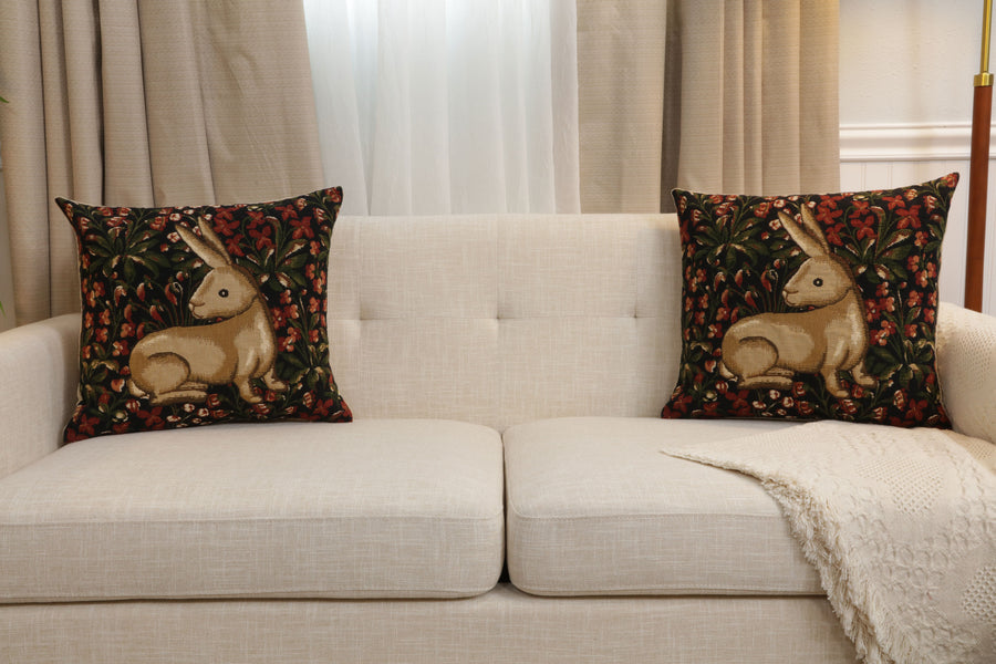 Medieval Rabbit with Flowers Sitting European Cushion Cover