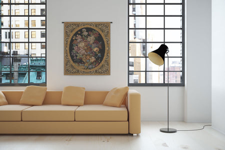 Floral Composition in Vase Dark Green Italian Tapestry Wall Hanging