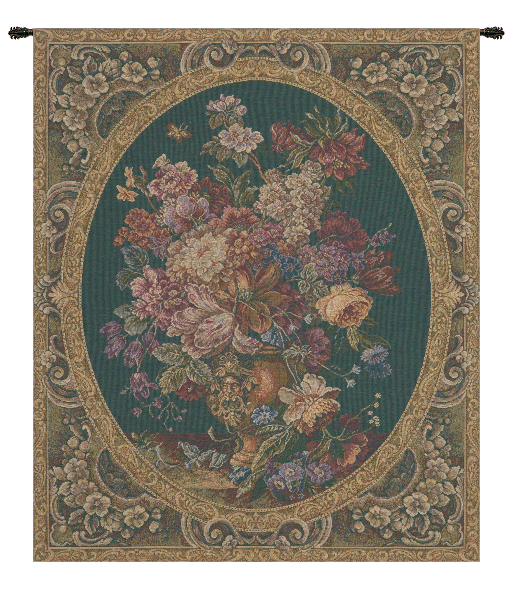 Floral Composition in Vase Green Italian Tapestry Wall Hanging
