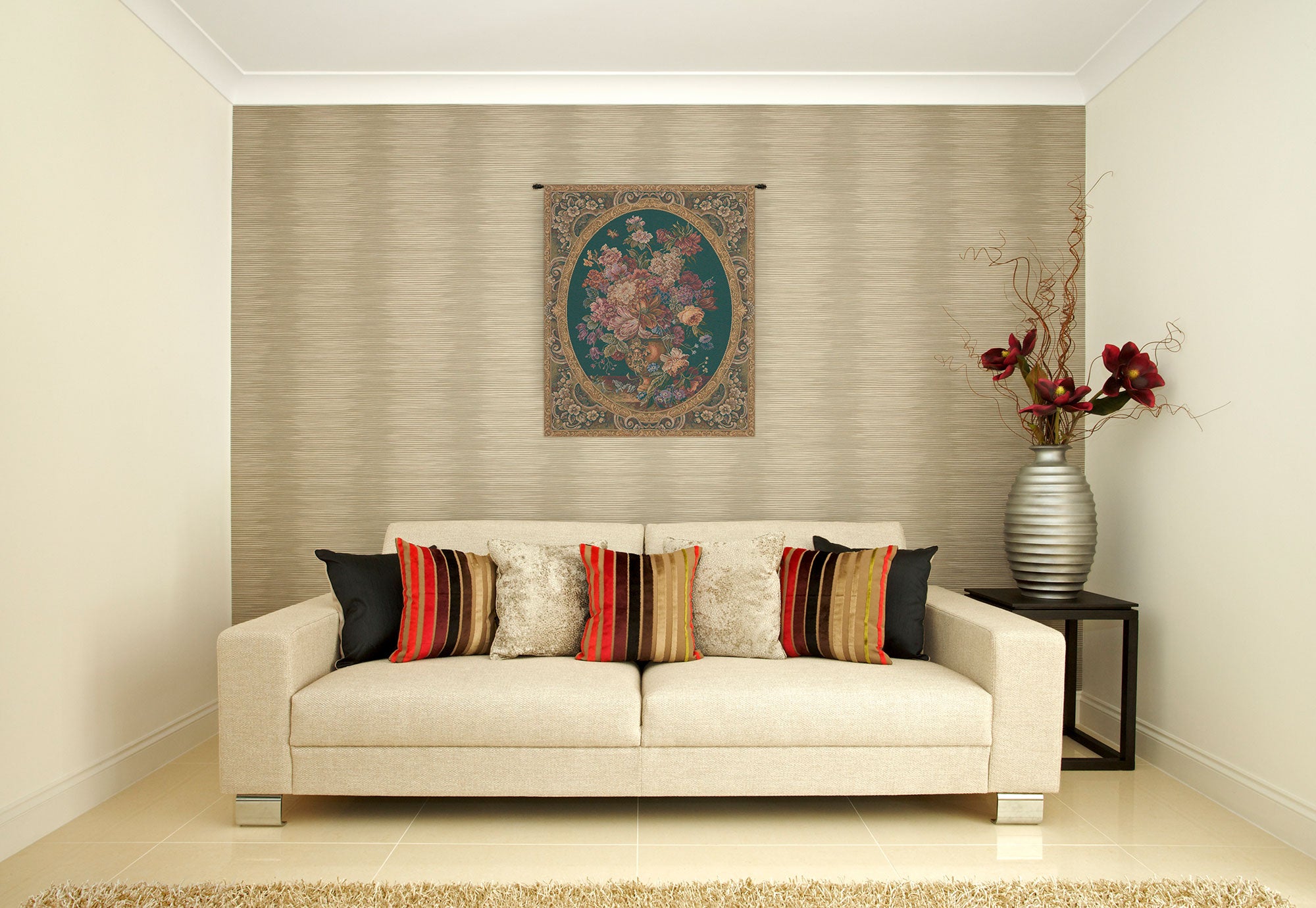 Floral Composition in Vase Green Italian Tapestry Wall Hanging