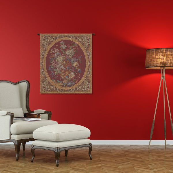 Floral Composition in Vase Burgundy Italian Tapestry Wall Hanging